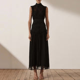 Stand Collar Sleeveless Chiffon Midi Dress