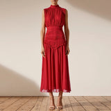 Stand Collar Sleeveless Chiffon Midi Dress