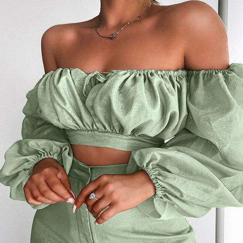 Nia Off Shoulder Puff Sleeve Lace Up Crop Top