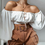 Nia Off Shoulder Puff Sleeve Lace Up Crop Top