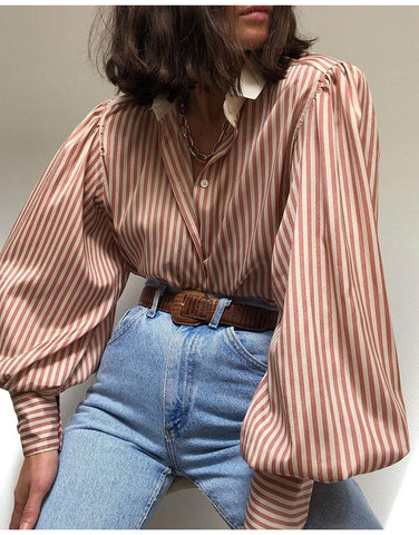 Stripe Lantern Sleeve Button Lapel Top