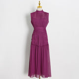 Stand Collar Sleeveless Chiffon Midi Dress