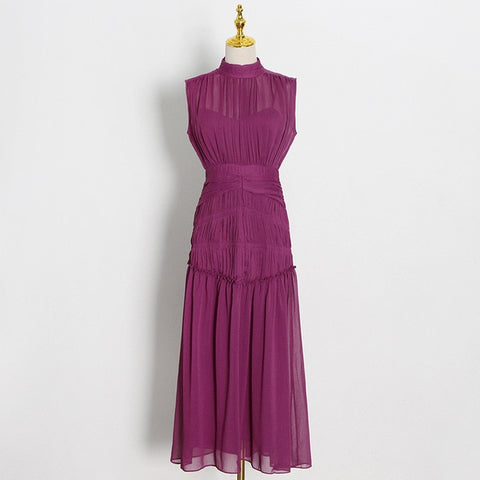 Stand Collar Sleeveless Chiffon Midi Dress
